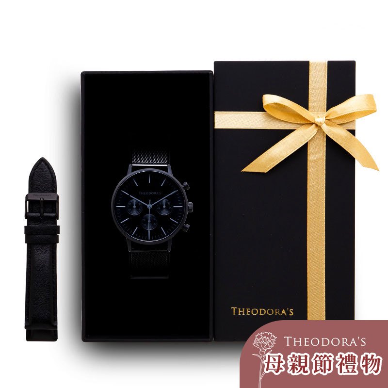 【THEODORA'S】限定禮盒Apollo[大錶面]手錶+替換錶帶2入組-三眼霧黑面-米蘭黑【希奧朵拉】