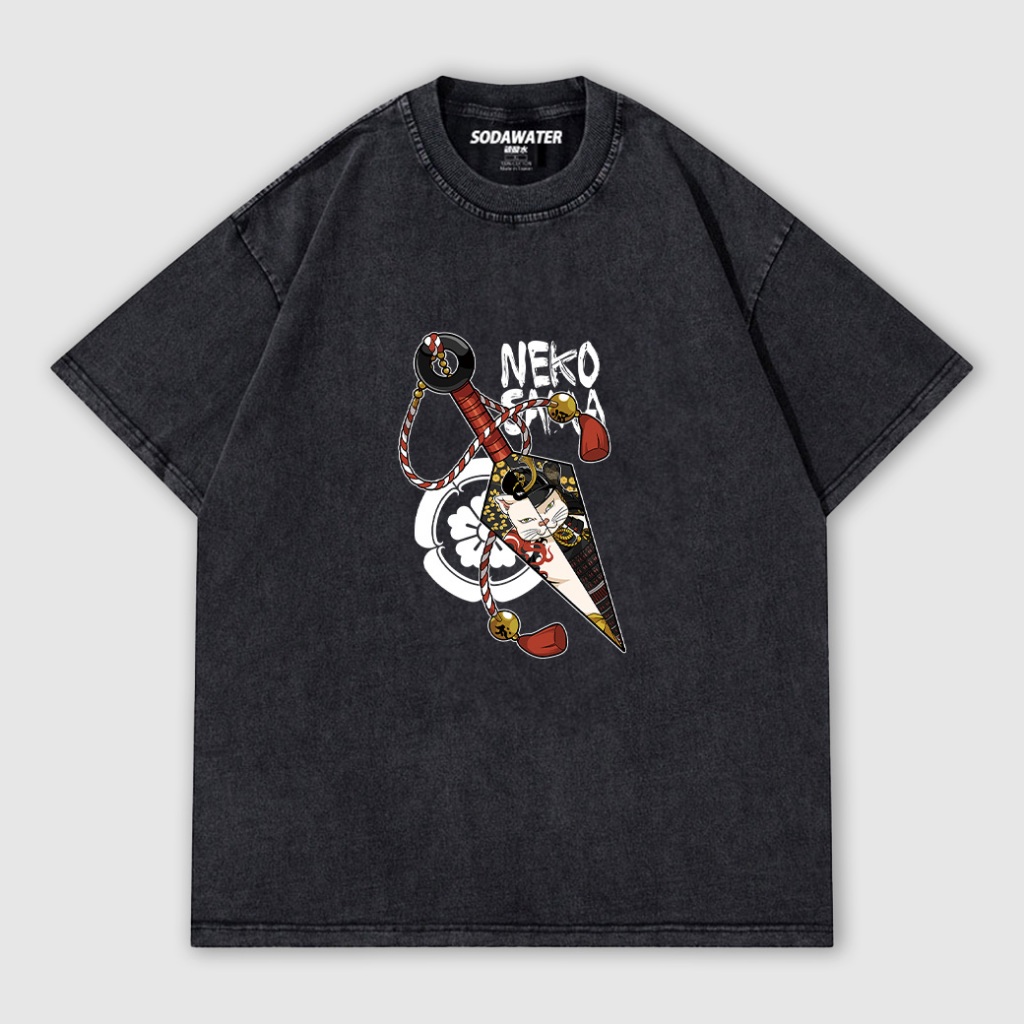 貓貓織田幸長 貓武士VS貓忍者 苦無 男女款做舊水洗純棉落肩短T 台灣獨家日式貓咪短T