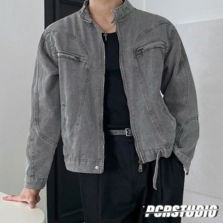 【PCRSTUDIO】外套 牛仔外套 水洗 長袖 上衣 韓系 夾克 立領 灰色 短版 寬鬆 韓版 設計 拼接 休閒 拉鍊