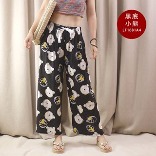 LF 1681 人棉 棉綢 九分褲 海灘褲 家居褲 睡褲 波西米亞 度假 女裝 春夏 寬鬆 阿美氏 民族風 黑底小熊