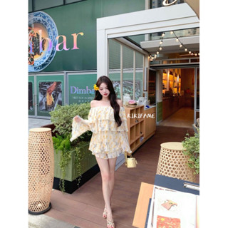 【KIKIFAME】🌼清新甜美荷葉邊碎花一字領上衣 鬆緊腰短褲 碎花上衣 長袖上衣 雪紡衫 露肩上衣 碎花短褲 渡假套裝