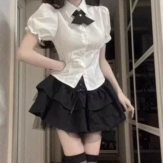 現貨+預購*春夏地雷系設計感泡泡袖短袖領結襯衫+黑色拼接蕾絲蓬蓬短裙 日系 少女 量產型 學院風 裙子 上衣 套裝
