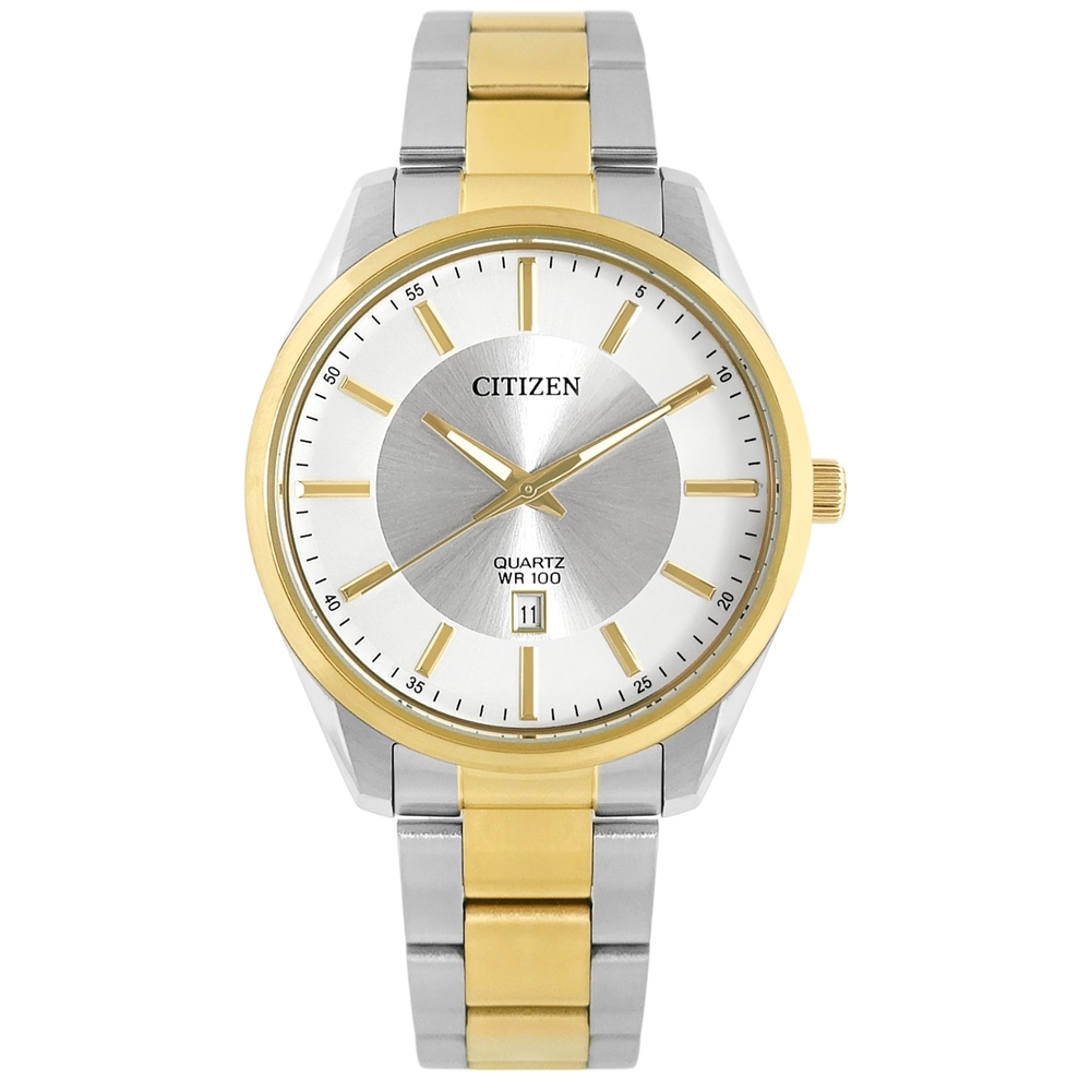 CITIZEN / 簡約時尚 日期 防水100米 日本機芯 不鏽鋼手錶 銀白x鍍金 / BI1036-57A /42mm