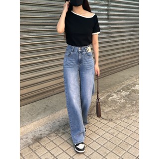 現貨｜BICOZ｜激瘦百搭雙扣高腰皮標牛仔長褲 S~2L【25982】牛仔褲 高腰 百搭 落地 寬鬆 顯瘦 彈性