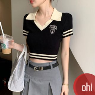 【ohi】美式辣妹V領短袖正肩T恤 露臍修身短款POLO領上衣 針織上衣 女裝 顯瘦上衣 韓版上衣 GWD3655