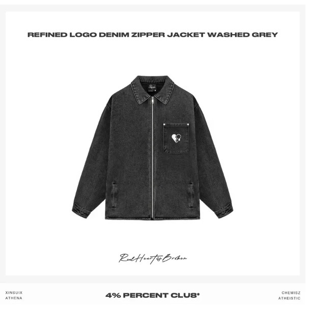 4 Percent club 4%極簡款水洗灰牛仔拉鍊外套 M號