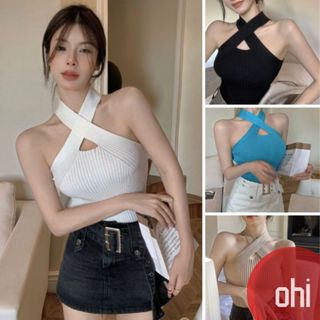 【ohi】針織吊帶小背心 交叉掛脖外穿短款小可愛 背心 無袖背心女 吊帶背心 女裝 顯瘦上衣 夏天內搭 GVD3761
