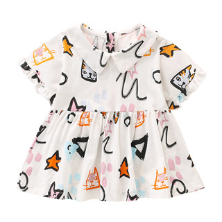 【☆花兒朵朵☆】最後一件🐱俏皮貓咪塗鴉洋裝 女童短袖裙擺上衣 90碼夏季童裝