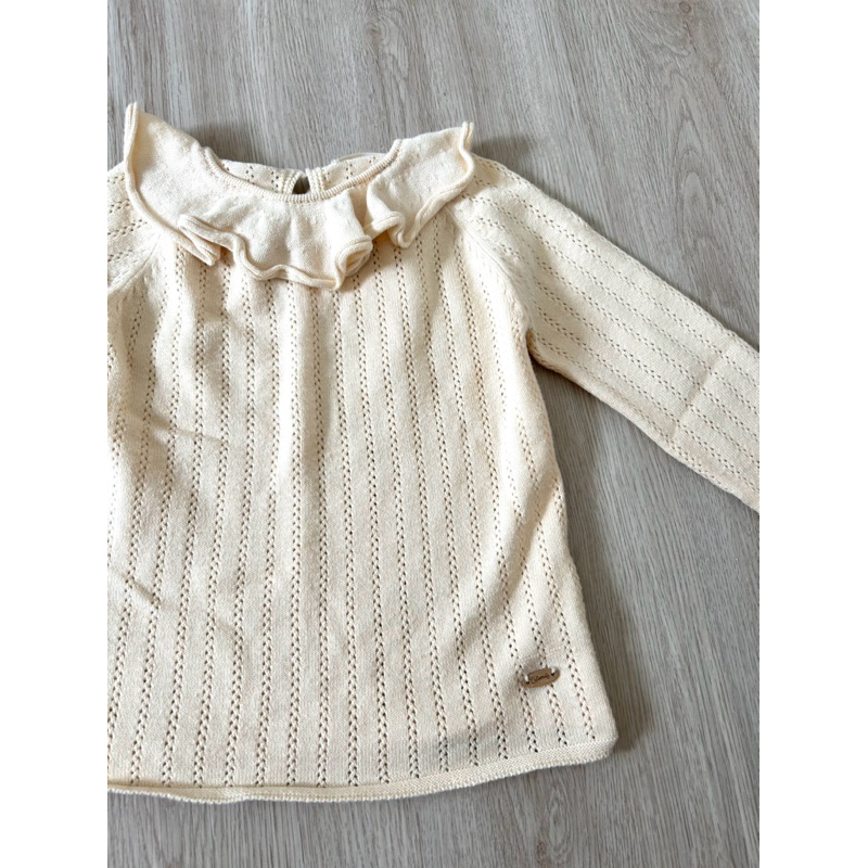二手童衣童裝-女童 Cutemily Baby 典雅米杏色花邊翻領長袖針織上衣 #90-100cm