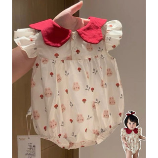「臺灣現貨」女寶寶哈衣紅色翻領短袖包屁衣 嬰兒衣服兔子蘑菇圖案滿月哈衣 夏季公主娃娃領週歲洋裝包屁衣 薄款飛袖連身衣爬服