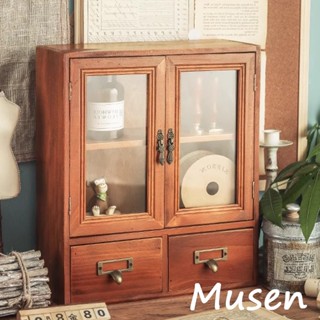 Musen【臺灣現貨】ins復古木質桌面收納櫃 首飾化妝品置物櫃 檯面木櫃實木抽屜櫃子 化妝品收納盒 亞克力鏡片收納櫃子