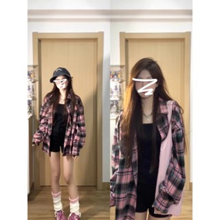 TGNS 黑粉格子襯衫 格紋襯衫 薄外套 oversize 寬鬆上衣 長袖上衣 外套女 襯衣 防曬衫 休閒上衣 罩衫