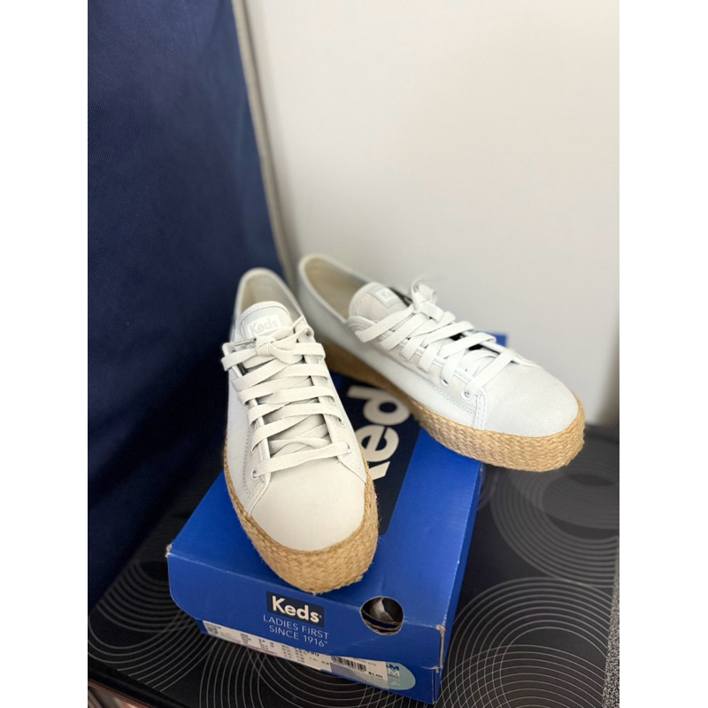 美國Keds TRIPLE KICK厚底草編綁帶休閒鞋-粉藍色US8.5