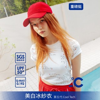 SO NICE【美白冰紗系列】圓領字母印花修身抗曬涼感短版上衣｜都會時尚女裝【58531026】