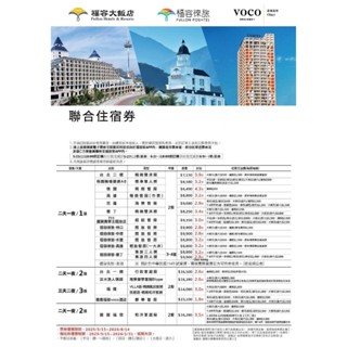 福容大飯店 聯合住宿券 期限116.8.14(7月出貨）