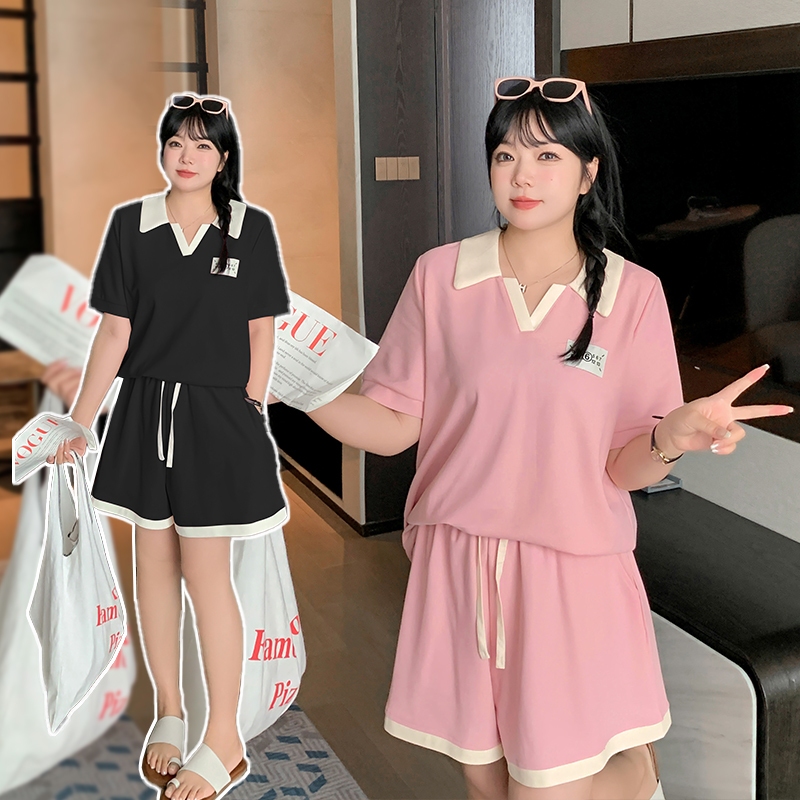 CCGIRL中大尺碼 數字標籤♡POLO衫翻式V領休閒撞色短袖套裝(全鬆緊+有口袋)－共2色適L～5L《20837》
