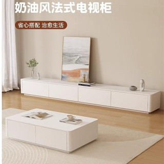 Mona家居實木電視櫃茶几組合奶油風家用客廳落地儲物櫃小戶型白色電視機櫃M02