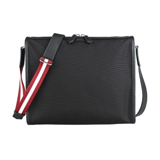 BALLY Code燙印LOGO設計牛皮拼接尼龍搭紅白條紋拉鍊式斜揹包(黑)