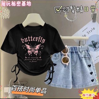 ❤ 臺灣熱銷❤女大童套裝女童夏裝牛仔套裝中大兒童洋氣女孩夏季短袖短褲兩件套潮