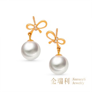 【金瑞利】18K金天然珍珠耳環 蝴蝶結珍鑽7.5-8mm 玫瑰金珍珠耳環