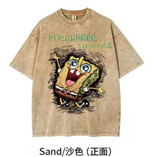 海綿寶寶 純棉T恤 重磅oversize水洗做舊短t t恤男短袖美式復古蠟染純棉寬松圓領落肩半袖男