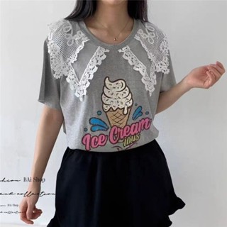 BAi白媽媽 冰淇淋印花T恤／蕾絲翻領短袖上衣-臺灣現貨 隔日到貨【350356】
