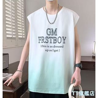 TT旗艦店 漸變色字母印花背心男夏季潮牌坎肩圓領休閒背心打底衫 男生背心 坦克背心 籃球背心 運動無袖t恤男D272