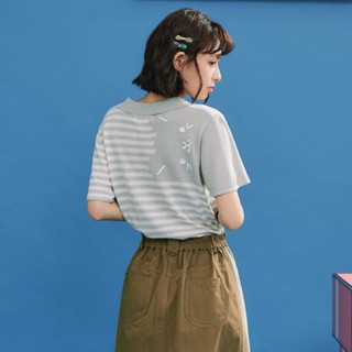 【Dailo】圓耳貓條紋翻領短袖針織上衣 藍 綠 灰