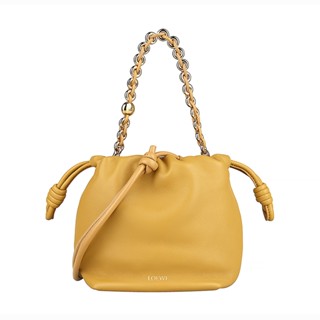 LOEWE Flamenco Purse經典燙金LOGO褶皺造型納帕小羊皮鏈帶手提肩背斜背束口包(迷你/芥末黃)