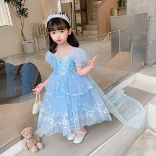 「臺灣現貨」2025新款冰雪奇緣艾莎洋裝 小女孩藍色愛莎公主裙泡泡短袖蓬蓬網紗裙Elsa禮服 女童夏季生日禮服披風連身裙