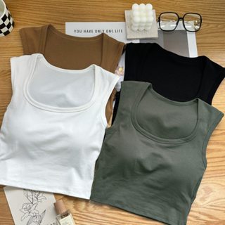 【Fee現貨4色】韓版方領彈性背心🔥bra top 胸墊 女上衣 女背心 寬肩帶 遮副乳 素色 韓系 固定胸墊 小可愛