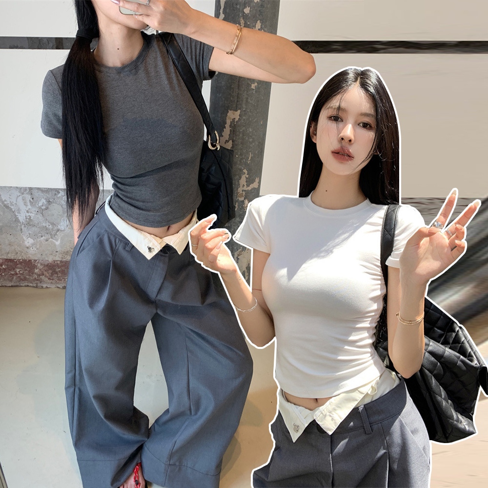 隔日到貨 圓領正肩修身微短版TEE(大彈性)韓國 短袖T恤 緊身 貼身T 短版上衣 素色 短袖上衣 女生T恤 夏天女裝