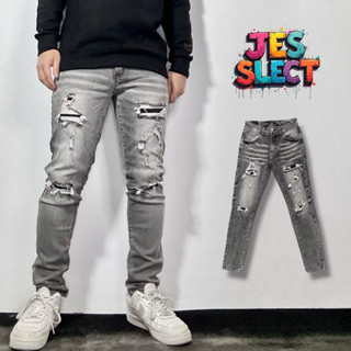 【JES】韓國 水洗 隕石灰 馬騮 刷色 刷破 破褲 內補丁 YKK拉鍊 彈性 修身 窄版 丹寧牛仔褲 牛仔長褲 長褲