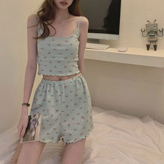 甜美小櫻桃純欲吊帶睡衣女 細肩帶睡衣 成套睡衣 夏季薄款清涼居家服套裝 小可愛短褲家居服
