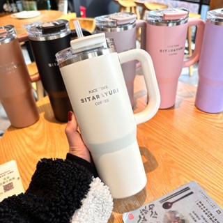 SITARAYURI雙飲保溫杯 304不鏽鋼900ml手柄冰霸杯 雙飲防塵蓋吸管咖啡杯 防漏手把冰霸杯 保溫環保車載杯