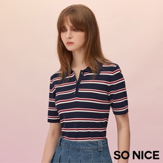 SO NICE【特惠】 MIU系學院風條紋POLO領針織上衣｜都會時尚女裝 【58530057】
