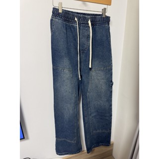[Wuwa Jeans] 中性伸縮棉繩口袋大直筒牛仔褲 藍色