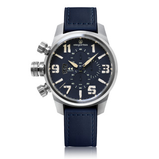 Elegantsis愛樂時 陸海空三軍-海軍藍大錶徑三眼計時皮帶腕錶 日期顯示 48mm ELJF48QS-OU06LC