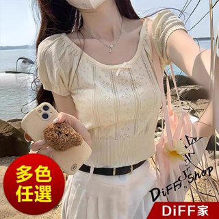 【DIFF】韓版圓領蝴蝶結鏤空針織上衣 短袖上衣 顯瘦上衣 衣服 夏天女裝 短板上衣 短版t恤 女裝【T627】