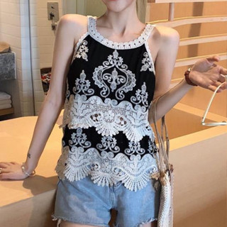 ●✨ 四葉幸運草~* ✨在地 民族風新款外穿 甜美掛脖🌵無袖背心 吊帶女蕾絲刺繡 仙女打底上衣🌵純慾 氛圍感 波西米亞風