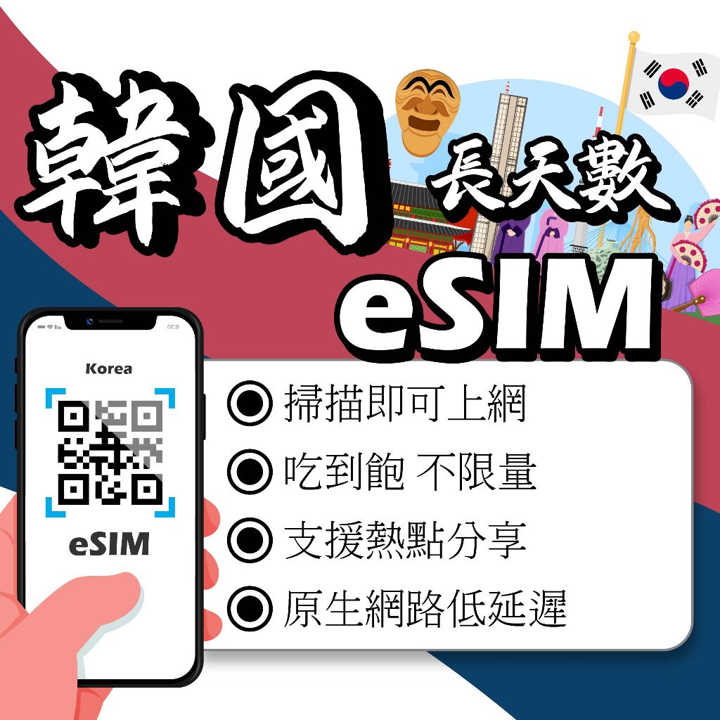 韓國eSIM｜ 長天數24H在線發貨 網卡 韓國esim卡 韓國上網 esim韓國 吃到飽 不降速