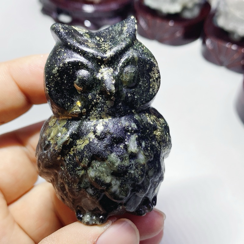 財源旺旺來-可愛黃銅礦貓頭鷹高6.4公分215g 共生白水晶