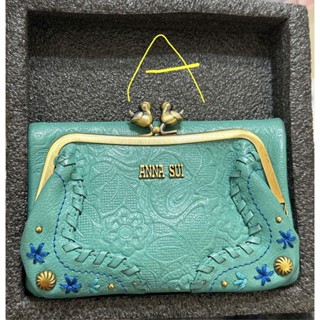 2手 ANNA SUI 安娜蘇 超美藍綠色 日式花紋鋼印 花朵鳥語 斷貨款 皮夾短夾中夾 零錢包 口金二つ折り財布