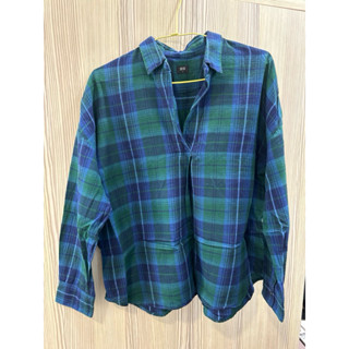 【二手】Uniqlo 格紋藍綠色法蘭絨長袖開襟襯衫m號