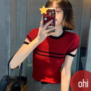 【ohi】法式紅色條紋短袖針織衫 修身小飛袖正肩T恤 女生上衣 針織上衣 女裝 顯瘦上衣 韓版上衣 GWH8178