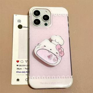粉色蕾絲邊 甜點師KT貓 搖搖樂手機支架 適用iPhone16 15 14 13Promax 手機殼 雙層硬殼 全包防摔
