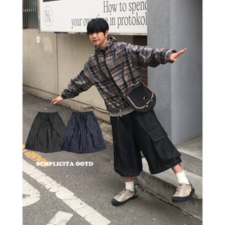 【SEMPLICITA】韓國 反車線 工裝 牛仔 七分褲 牛仔褲 短褲 鬆緊 寬版 男女皆苦可