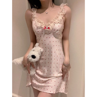 「 夏夏XIAXIA 」韓系ins風夏季性感睡衣女 冰絲吊帶睡裙 蕾絲花邊甜美短裙 帶胸墊家居服 女生圓點印花睡衣睡裙女