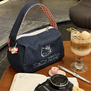 ❤️臺灣現貨❤️ 可愛kitty牛仔布復古手拎包ins高顏值大容量便攜式手提包女化妝包手提枕頭包
