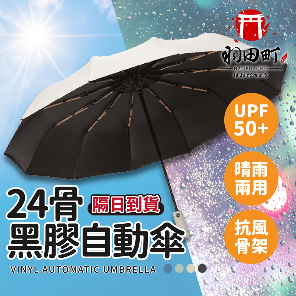 有效降溫 🌞 單手一鍵開收【24骨黑膠自動傘】折疊傘 摺疊傘 自動傘 雨傘 UPF50+ 加大自動傘  黑膠自動傘